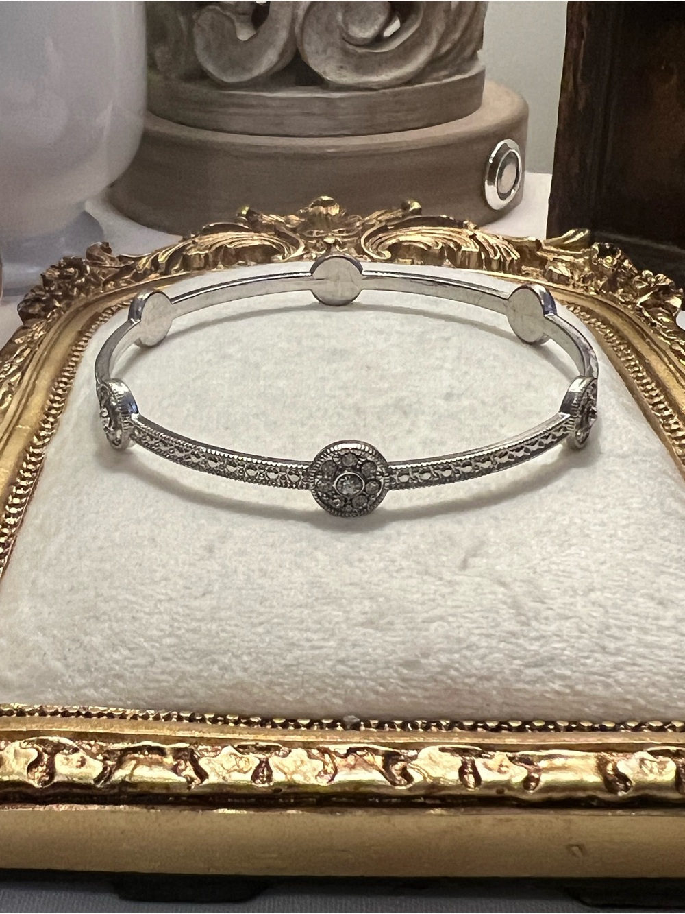 Intricate Silver Floral Medallion Hinged Bangle Bracelet
